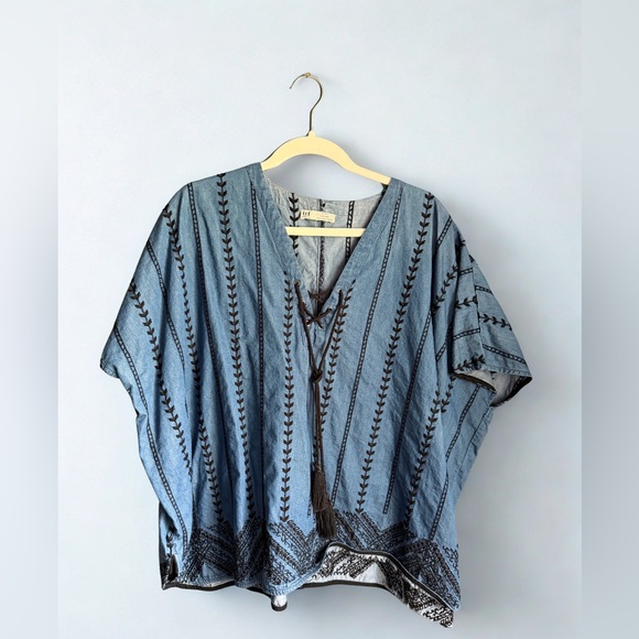 Zara Tops - Zara Light Blue Embroidered V-Neck Tunic with Black Trim